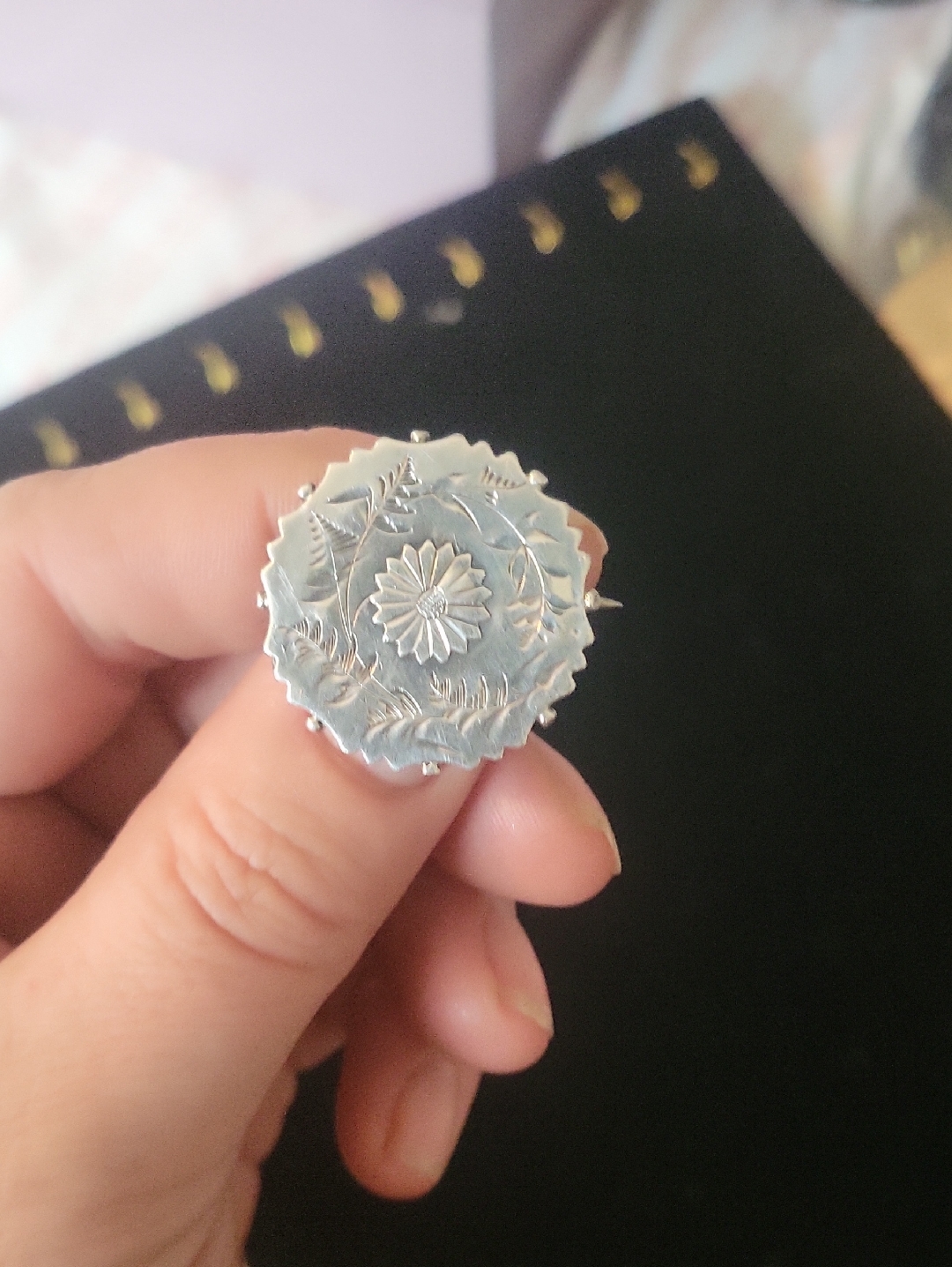 Sterling Silver Floral Engraved Round Brooch Pin - Silver